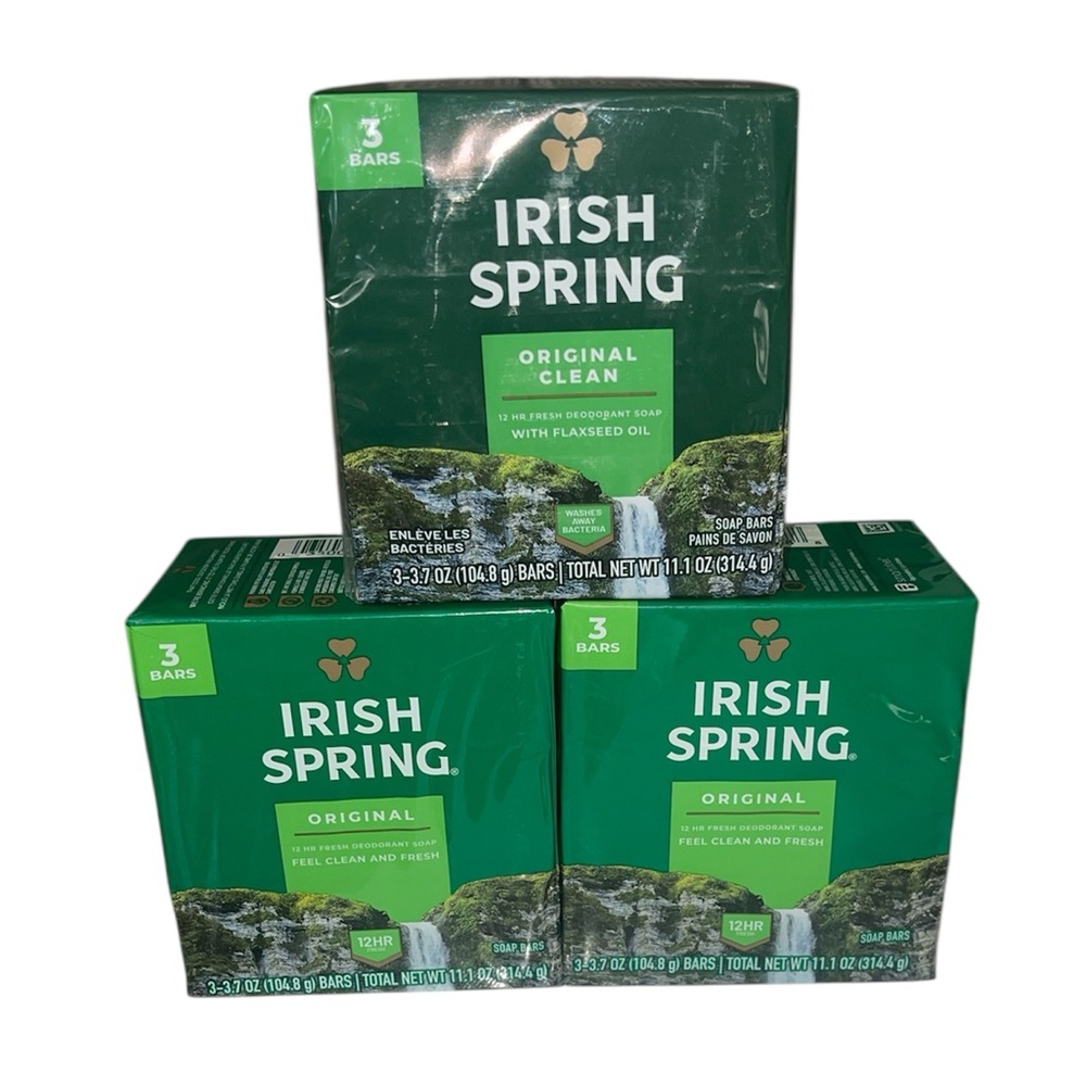 Lot Of Irish Spring Original Clean Deodorant Bar Soap for Men, 3.7 oz Bars 9 Ct